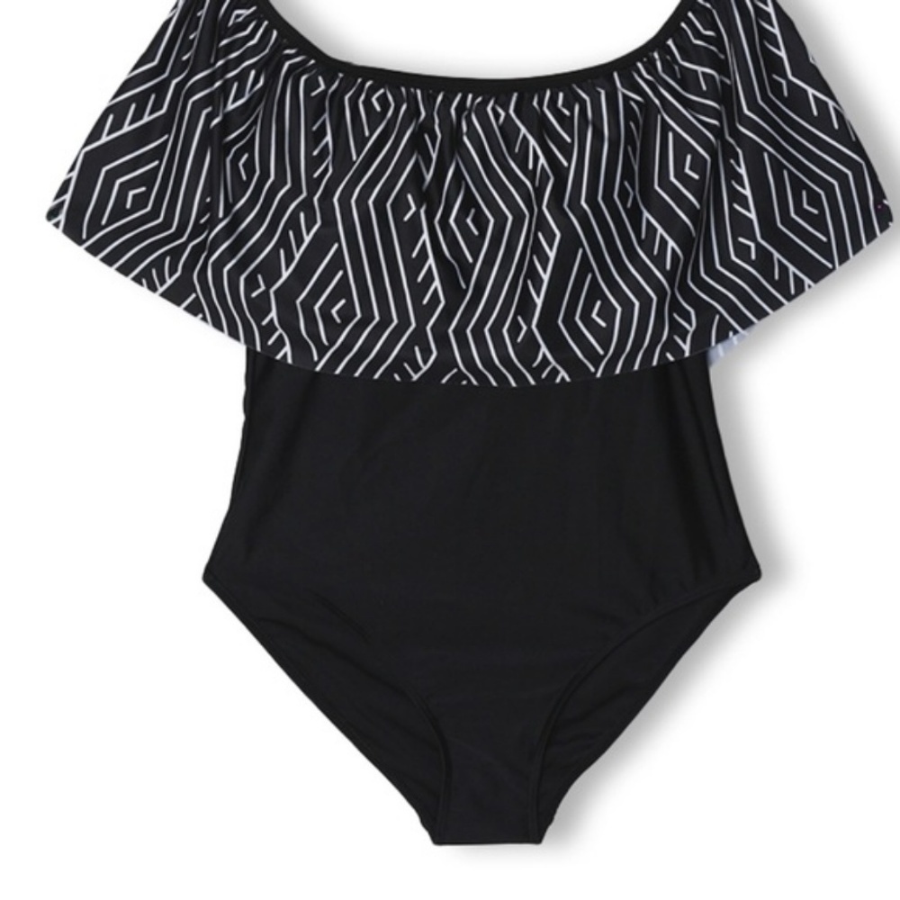 WILA One-Piece Swimsuit Ruffled Off-Shoulder Black & White- S NEW - Picture 5 of 6